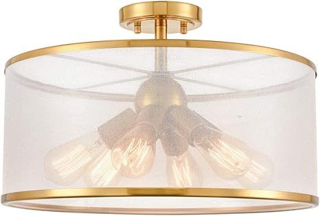 Modern Drum Organza Semi Flush Ceiling Light 6-Light Chandelier for Dining Room Living Room Gold ... | Amazon (US)