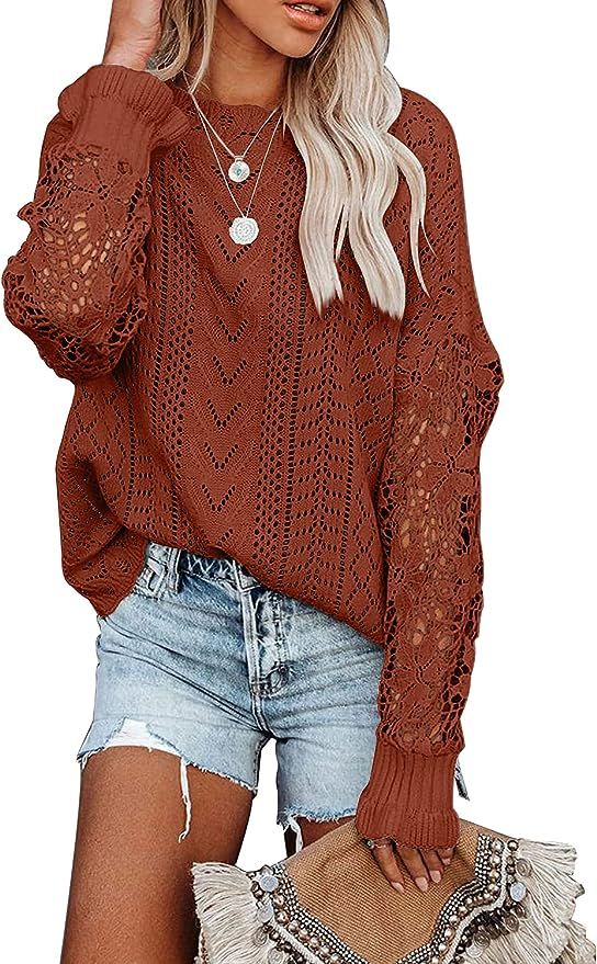 MIHOLL Women's Lace Crochet Sweater Long Sleeve Crewneck Knit Sweaters Jumper Tops | Amazon (US)