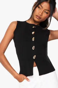 Tops | Gold Button Detail Longline Knitted Waistcoat | boohoo | Boohoo.com (UK & IE)