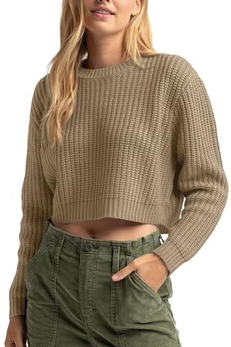 Women's Cropped Sweater Crew Neck Knitted Long Sleeve Casual Loose Crop Pullover Sweater Top Khaki XS | Amazon (US)