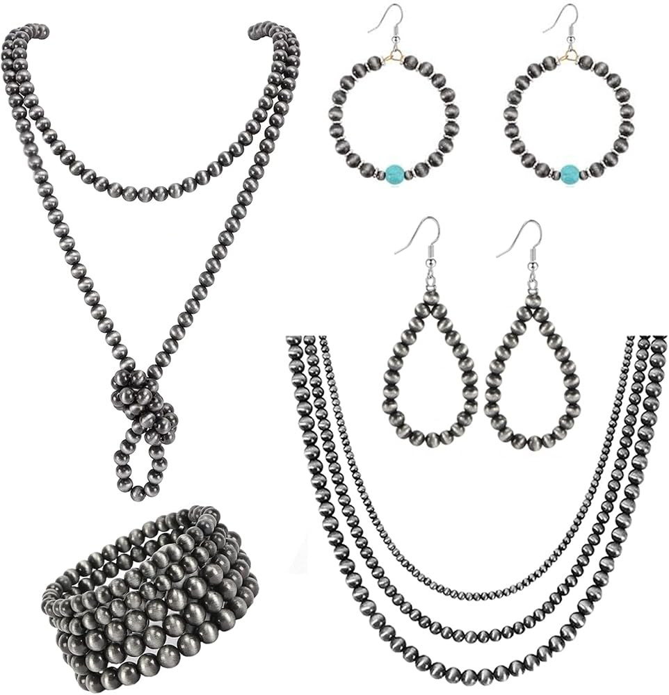 5Pcs Western Jewelry Navajo Pearl Necklace Earring Bracelet Set for Women Western Beaded Necklace... | Amazon (US)