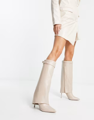 ASOS DESIGN Clearly high-heeled fold over knee boots in cream | ASOS (Global)