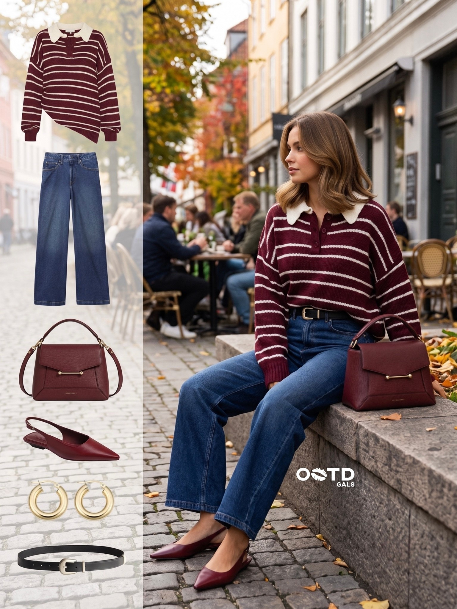 Burgundy, denim, and a little Parisian charm 🍷🤎

This look is the perfect blend of cozy autumn style and polished feminine details. A burgundy-and-cream striped polo sweater brings a classic preppy feel, while high-waisted wide-leg jeans keep the outfit relaxed and timeless. Burgundy slingback flats and a matching structured handbag pull everything together beautifully.

✨ Style Details:
• Burgundy and cream striped collared polo sweater
• Dark-wash high-waisted wide-leg jeans
• Black slim leather belt with gold buckle
• Burgundy structured top-handle shoulder bag
• Burgundy pointed slingback flats
• Chunky gold hoop earrings

The rich burgundy palette works beautifully with classic blue denim, creating a sophisticated color combination that feels especially perfect for crisp autumn days. The gold jewelry adds a subtle polished finish without taking away from the relaxed feel of the outfit.

Perfect for café dates, weekend brunch, city strolls, shopping days, casual lunches, bookstore visits, travel days, or a relaxed autumn afternoon in the city.

#FallStyle #AutumnOutfit #PreppyStyle

#LTKsummer #LTKeurope #LTKFashionMonth