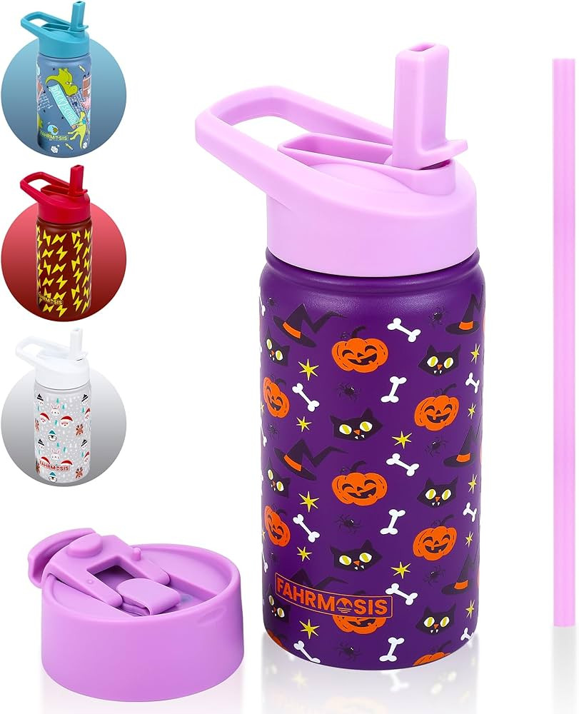 14 OZ Kids Water Bottle with Straw & 2 Lids (Flip & Spout) Leak Proof Metal Insulated Stainless S... | Amazon (US)