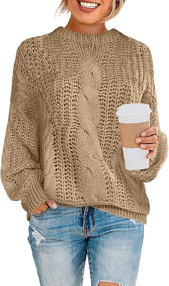 MIHOLL Women's Long Sleeve Crew Neck Cable Chunky Knit Batwing Loose Pullover Sweater Tops | Amazon (US)