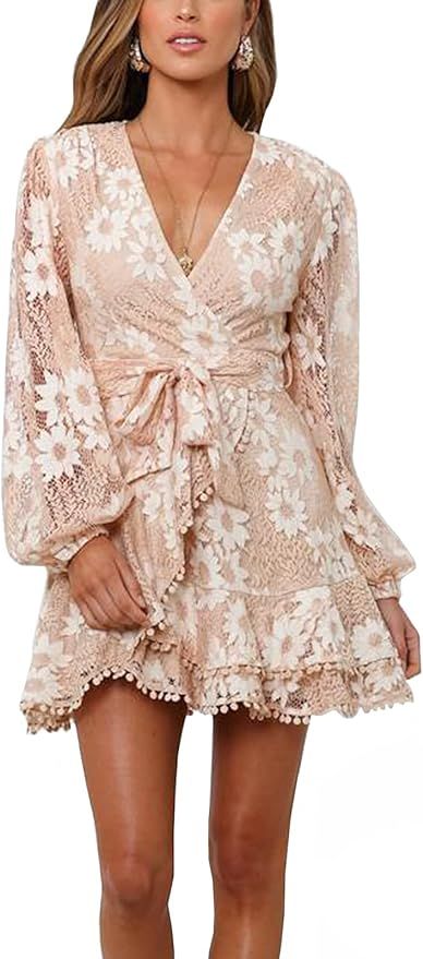 Women's Floral Flower Lace Faux Wrap Mini Dresses V Neck Long Lantern Sleeve Swing Short Dress wi... | Amazon (US)