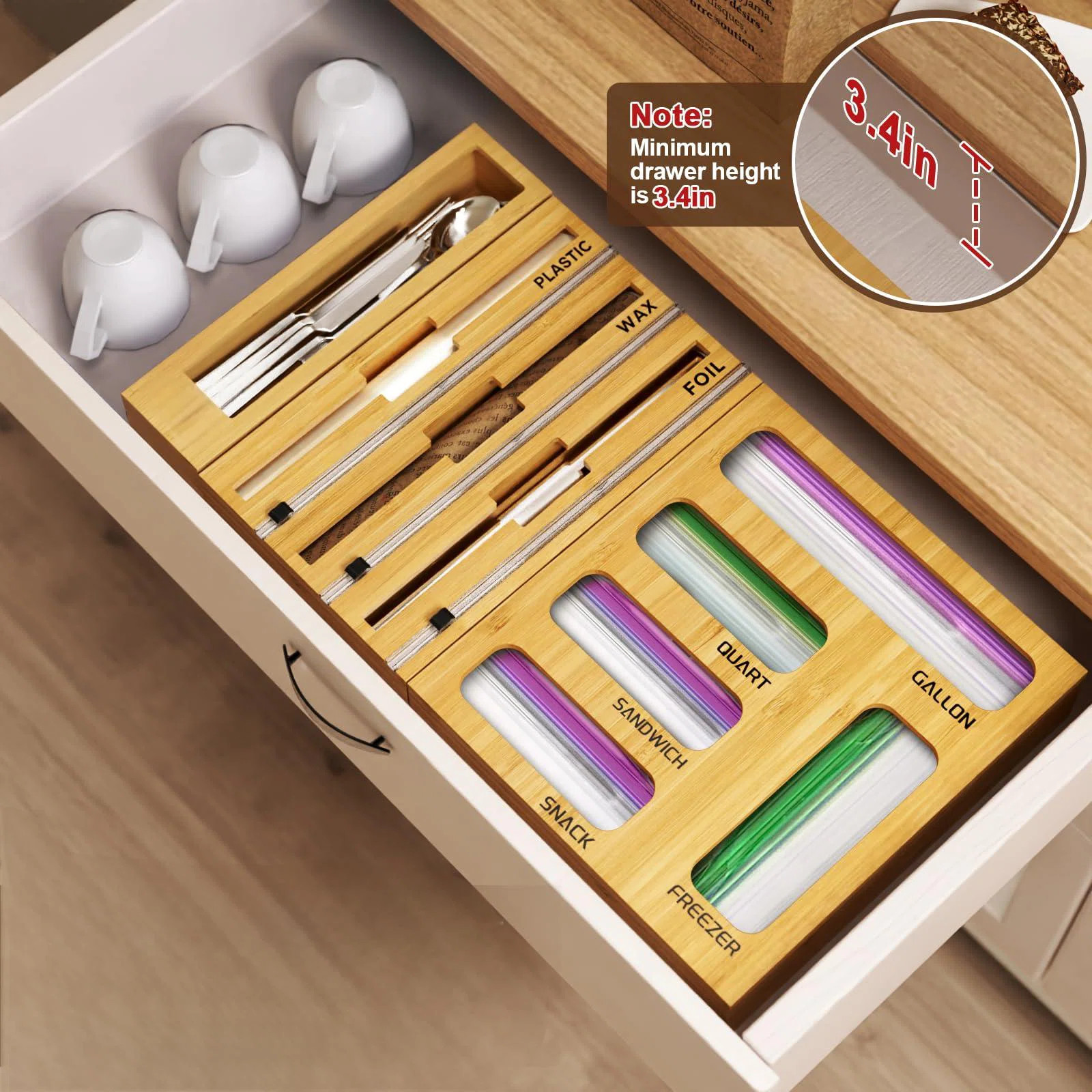 9 IN 1 Bamboo Foil And Plastic Wrap Organizer For Kitchen Drawer, Plastic Bag Organizer Organizat... | Wayfair North America