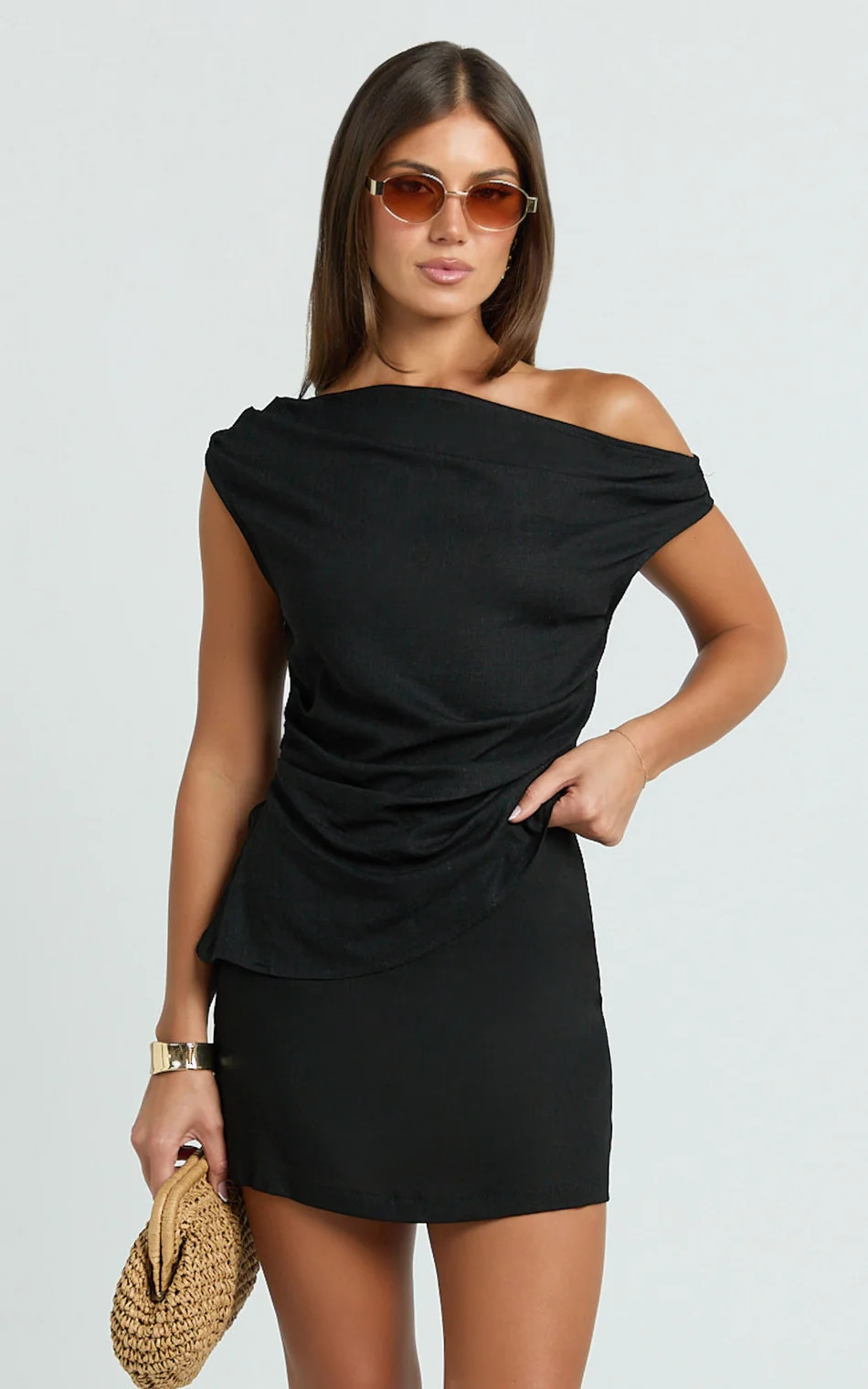 Off Shoulder Linen Look Top in Black | Showpo (US, UK & Europe)