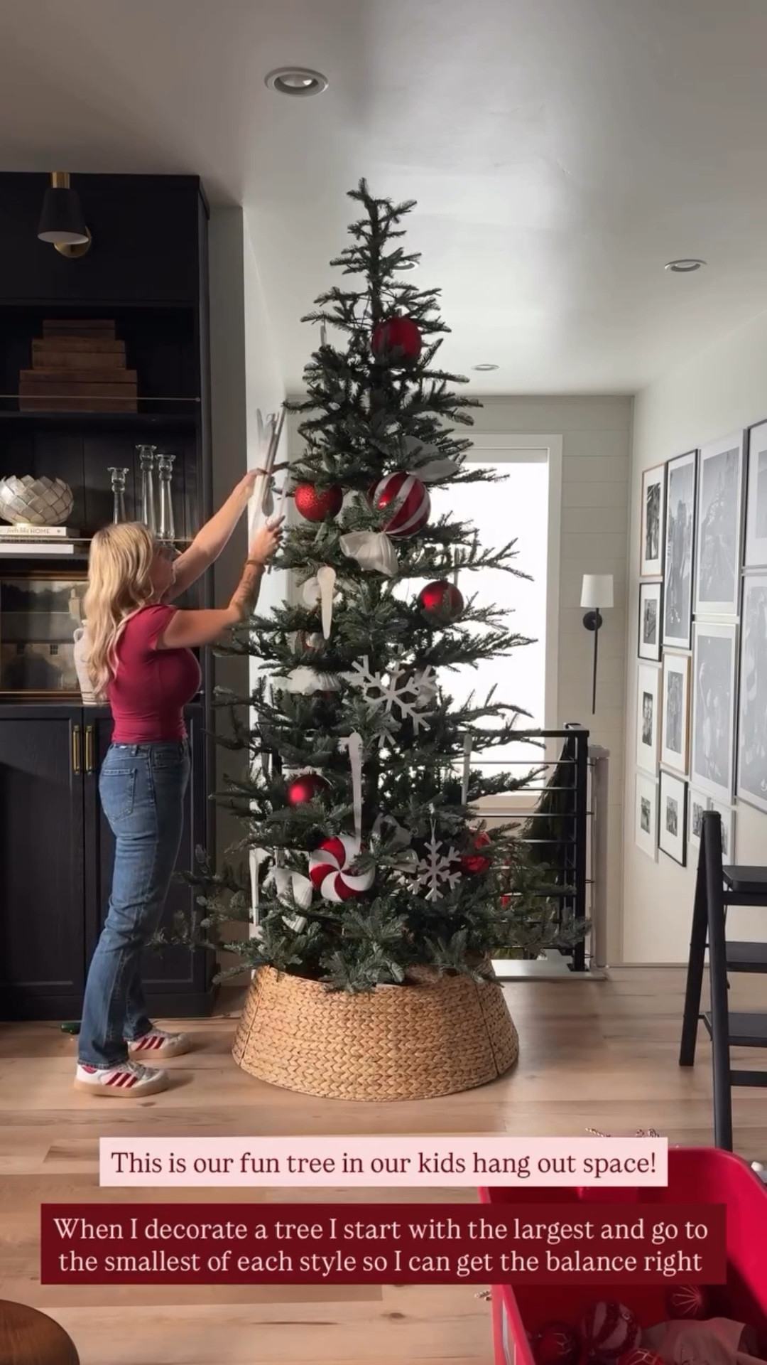 This is our fun tree in our kids hang out space! When I decorate a tree I start with the largest and go to the smallest of each style so I can get the balance right
