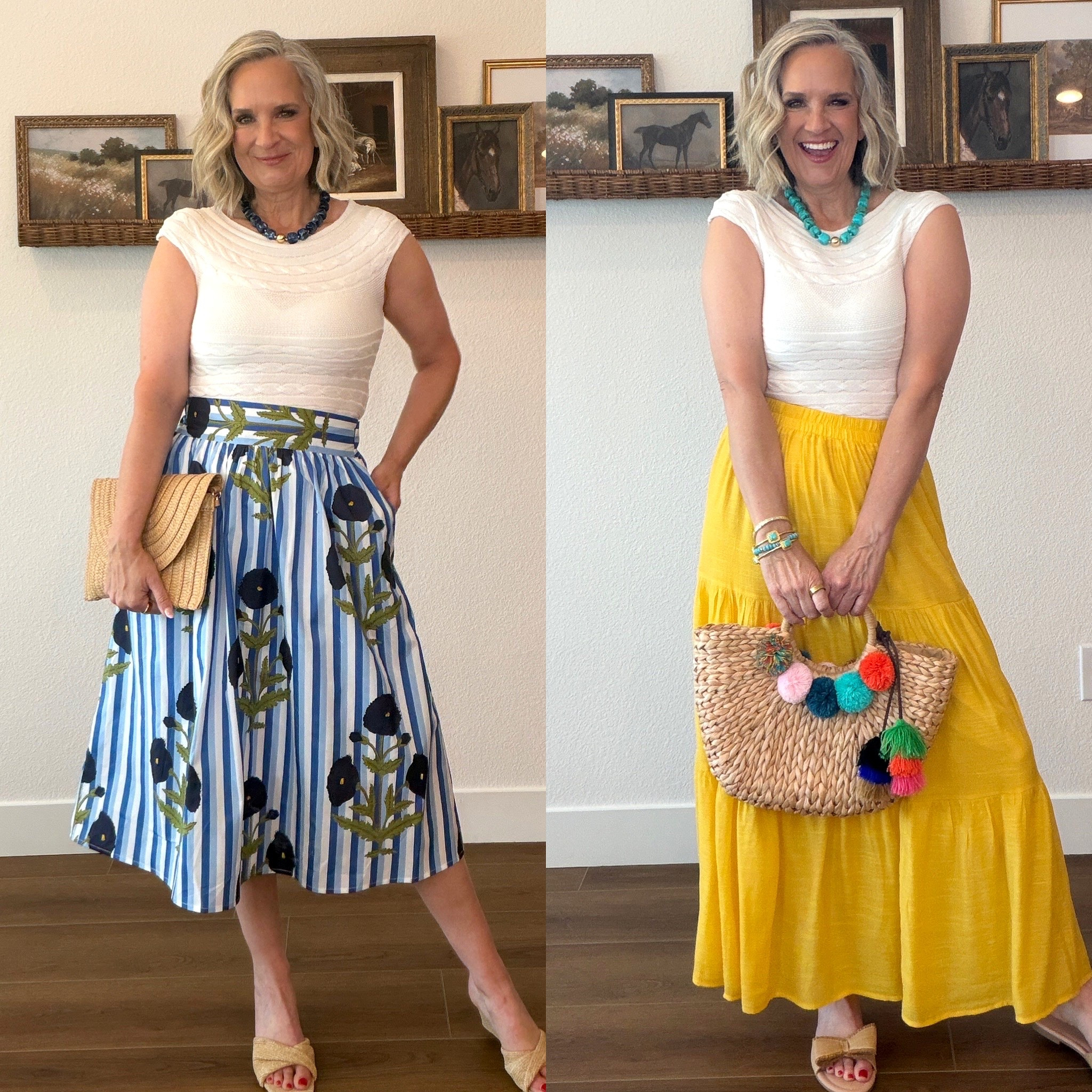 Skirts of summer!
Midlife, midi skirt, over 50, tiered skirt, fitted top, straw bag, wedges, chunky bead necklace

#LTKgrwm #LTKOver40 #LTKSaleAlert