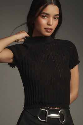 By Anthropologie Mock-Neck Pointelle Ruffle-Trim Sweater Tee | Anthropologie (US)