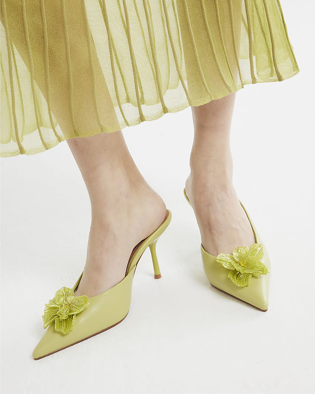 Green Beaded Flower Court Heeled Shoes | River Island UK & IE