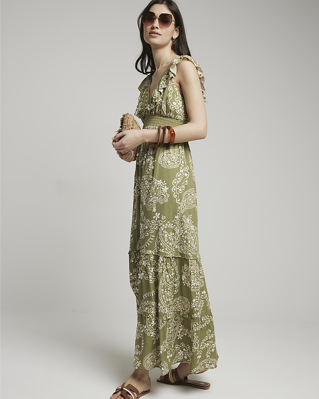 Khaki paisley plunge beach maxi dress | River Island (UK & IE)