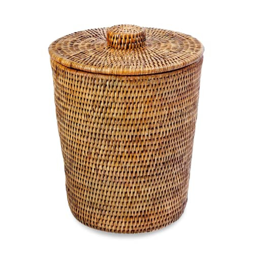 KOUBOO La Jolla Rattan Round Waste Basket With Lid & Plastic Insert, 2 Gallon Woven Wastebasket for Bathroom, Kitchen, Office, Living Room, & Home Decor, Honey Brown | Amazon (US)