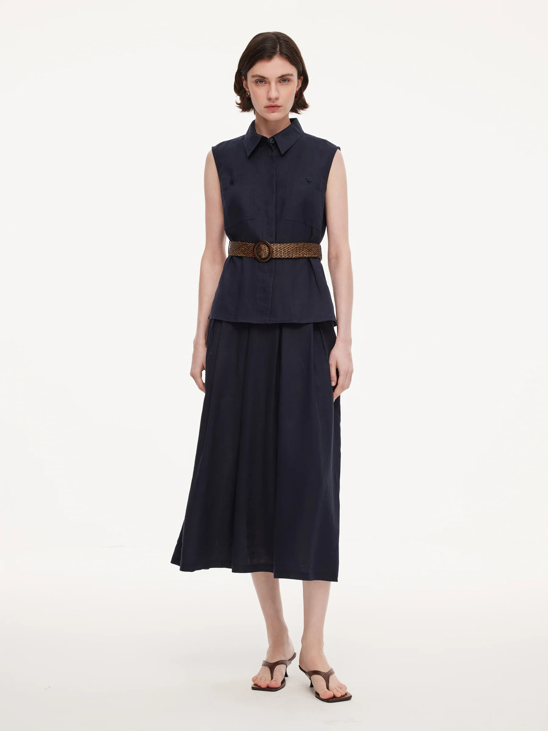 100% Linen Sleeveless Blouse And Skirt Two-Piece Set With Braided Belt | GOELIA