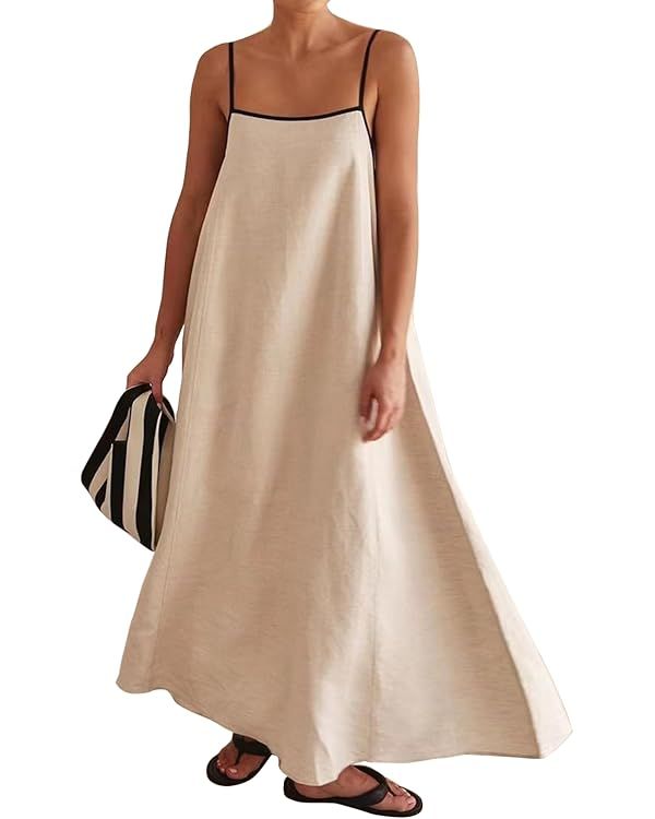 Womens Linen Maxi Dress Contrast Trim Spaghetti Straps Summer Outfits Travel Vacation Sleeveless ... | Amazon (US)