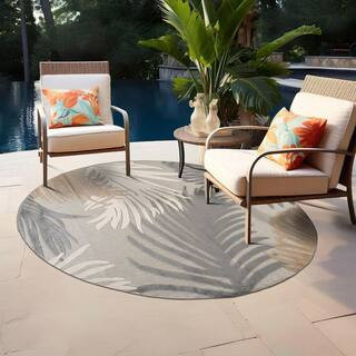 Contemporary Tropical Large Floral Gray 8 ft. ROUND Indoor/Outdoor Area Rug | The Home Depot