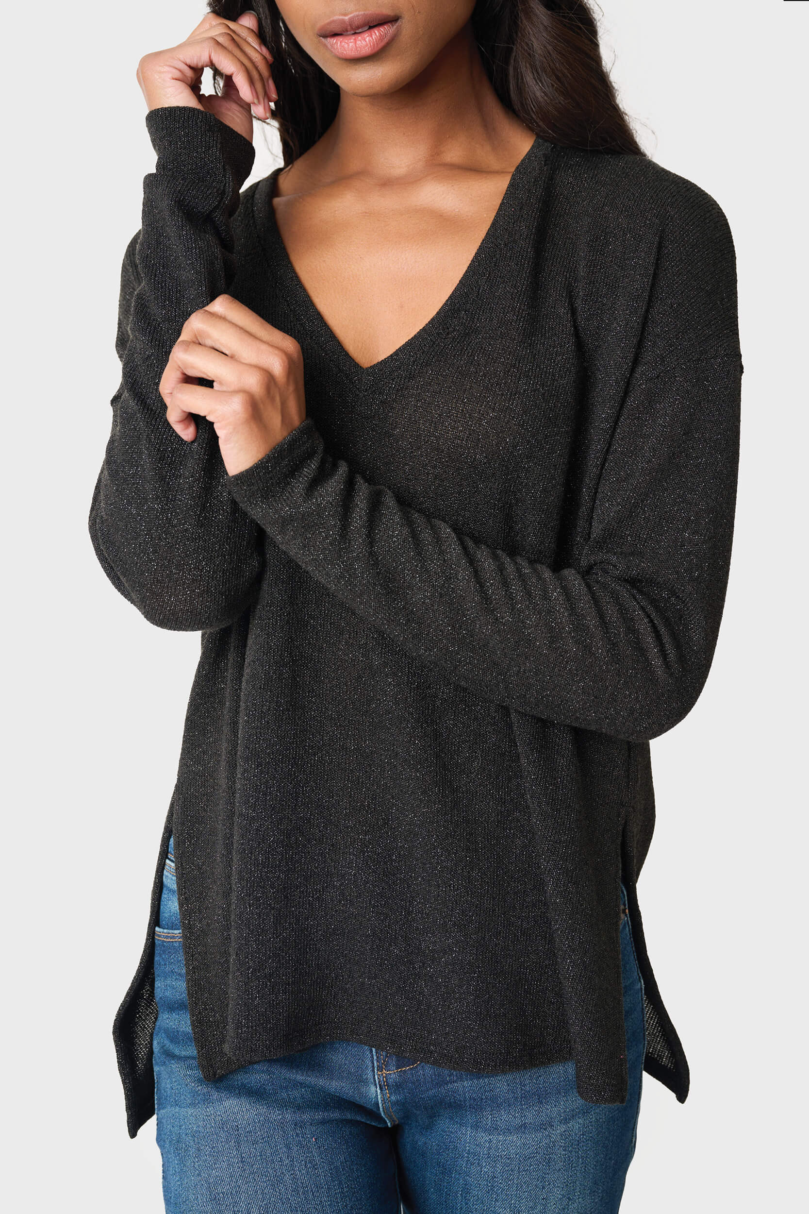 V-Neck Shimmer Tunic with High Low Hem | Gibson