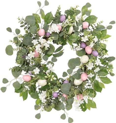 22 Inch Easter Wreath for Front Door, Spring Eucalyptus Wreath with Pastel Speckled Eggs & White ... | Amazon (US)