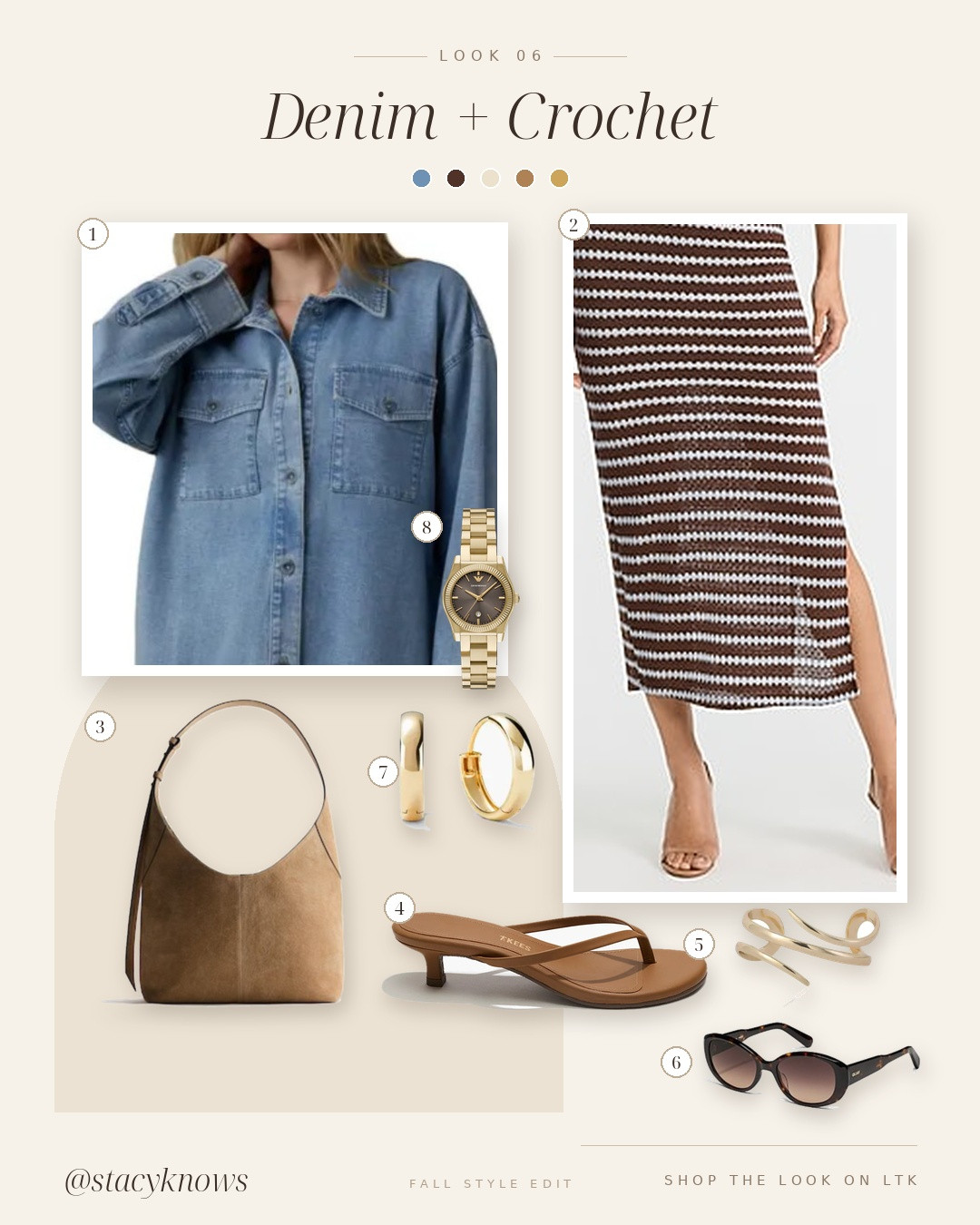 Fall Style Edit 06: Denim + Crochet. A relaxed denim shirt meets a striped crochet skirt, with warm suede and gold finishing touches. Easy fall texture. #fallstyle #falloutfits #denimshirt #crochetskirt #womenover40 

 #LTKootd #LTKSeasonal #LTKOver40