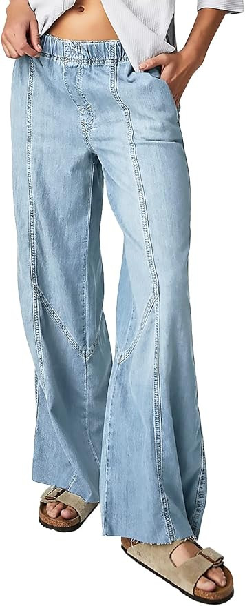 Mafulus Women's Wide Leg Jeans Elastic High Waisted Baggy Jeans Loose Fit Seemed Front Denim Pant... | Amazon (US)