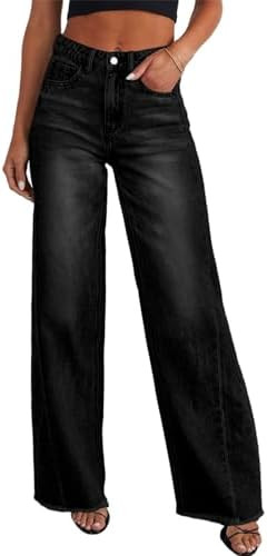 Sidefeel Women's Wide Leg Jeans High Waisted Strechy Raw Hem Zimbaplatinum Denim Pants | Amazon (US)