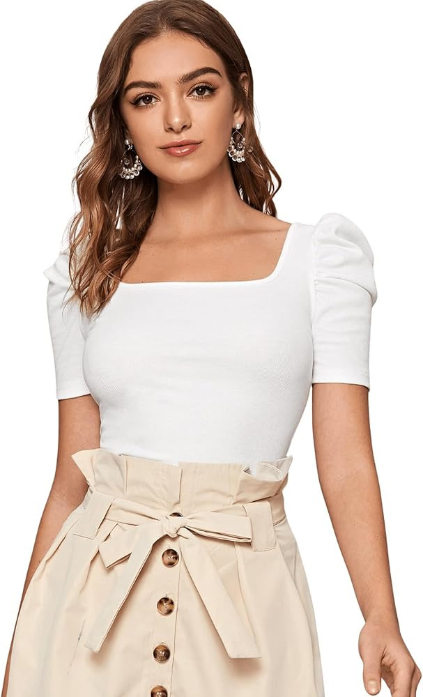 WDIRARA Women's Puff Sleeve Square Neck Short Sleeve Elegant Tee Top | Amazon (US)