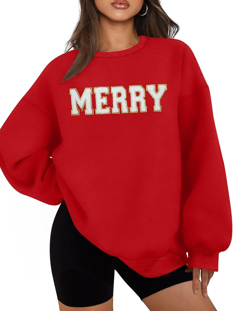 Christmas Sweatshirt for Women: Merry Sweatshirt Glitter Pach Merry Shirt Xmas Overzise Pullover ... | Amazon (US)
