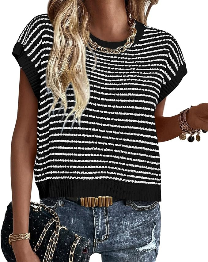 PRETTYGARDEN Womens Short Sleeve Sweater Spring Summer 2025 Round Neck Striped Pullover Cap Sleev... | Amazon (US)