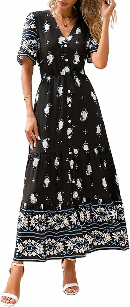 PRETTYGARDEN Womens Summer Boho Maxi Dress 2026 Trendy Short Sleeve V Neck Flowy Beach Floral Dre... | Amazon (US)