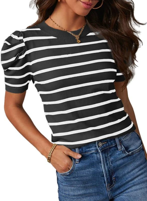 Dokotoo Women's Short Puff Sleeve Knit Tops 2024 Trendy Crewneck Striped T Shirts Casual Summer B... | Amazon (US)