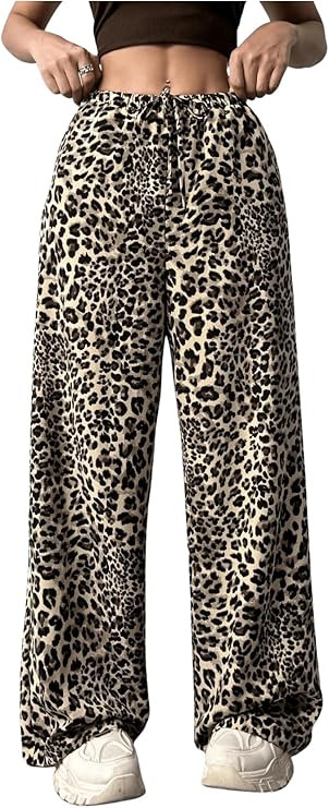 Floerns Women's Drawstring Waist Leopard Print Trousers Tie Front Wide Leg Pants | Amazon (US)