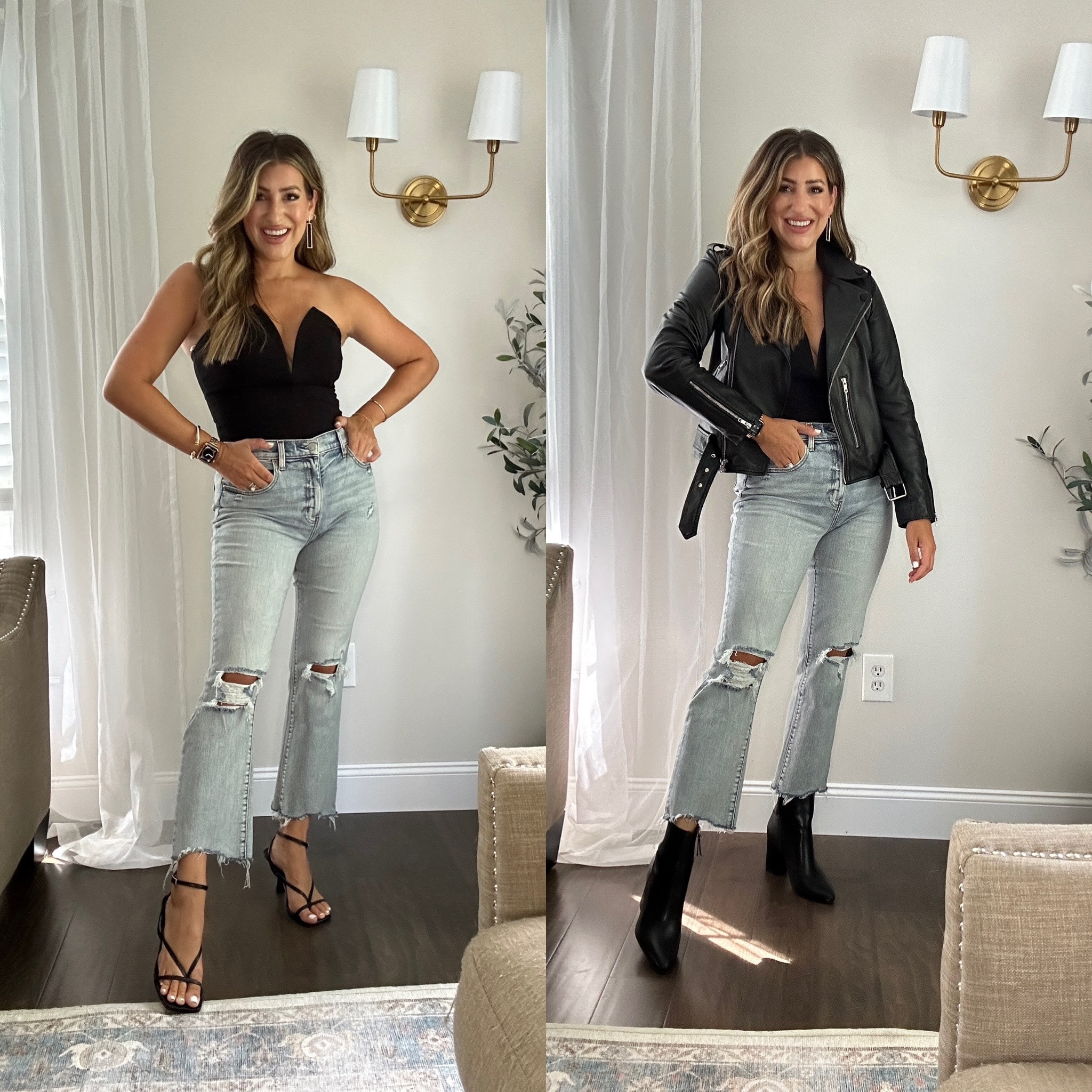 Fall outfit. Wear now and later! Linked some other leather jacket finds under $100 as well! Wearing a med in bodysuit, TTS in jeans and boots. Wearing a small in the leather jacket (save 72%!).

#LTKparties #LTKSeasonal #LTKstyletip