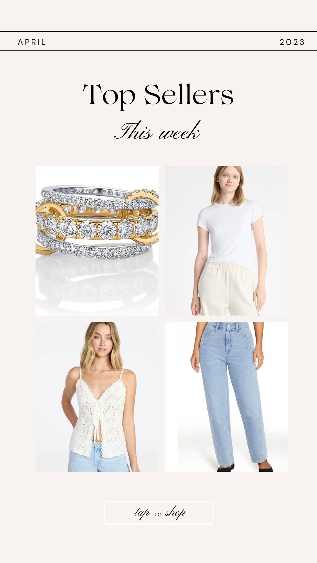 This weeks top sells scream spring! 

A beautiful look for less ring that does not tarnish

A classic white tee shirt that goes perfect with denim 

An adorable crochet top

And some classic barrel jeans

#LTKgrwm #LTKSeasonal #LTKootd