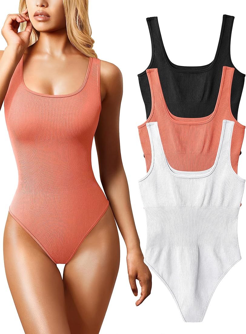 OQQ Women's 3 Piece Bodysuits Sexy Ribbed Sleeveless Square Neck Sleeveless Tank Tops Bodysuits | Amazon (US)