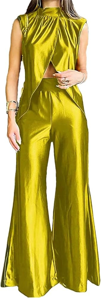 Wjnvfioo Women Sleeveless Tank Split Hem Top And Wide Leg Pants 2 Pieces Sets Silk Pant Sets | Amazon (US)
