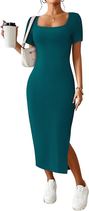 CFLONGE Women's 2024 Summer Bodycon Sundresses Casual Short Sleeve Square Neck Midi Dress Knit Si... | Amazon (US)