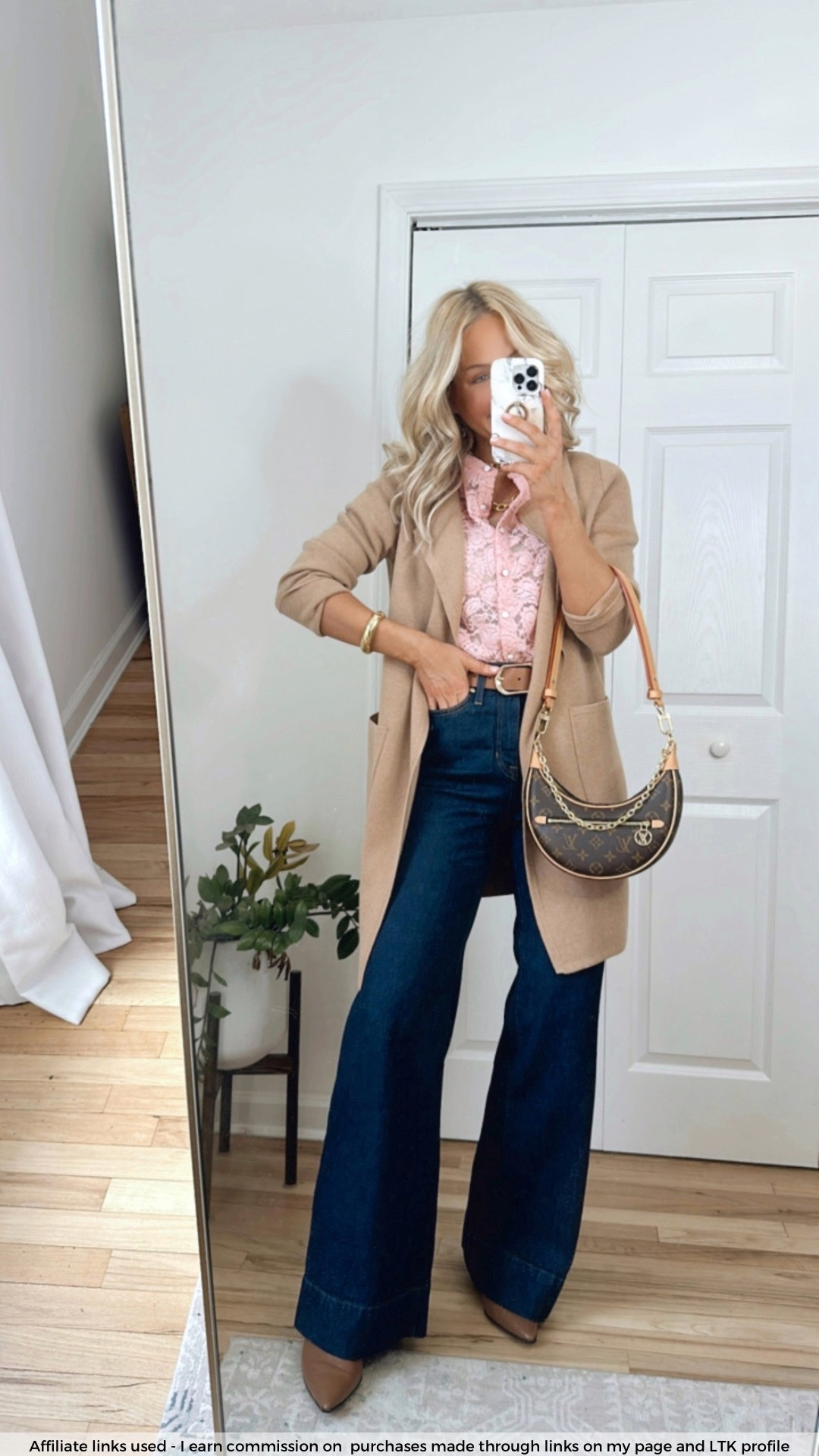 Early spring outfit

Amazon pink lace top
Camel duster cardigan sweater
Dark wash wide leg jeans