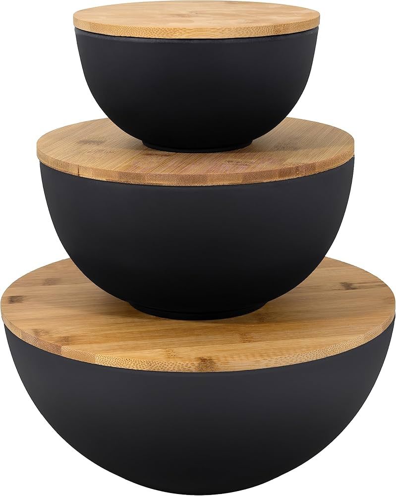 Bremel Large Black Salad Bowls with Bamboo Lids - Set of 3 Melamine Mixing Bowls for Serving Sala... | Amazon (US)