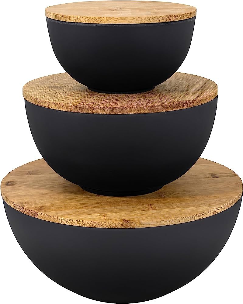 Bremel Large Black Salad Bowls with Bamboo Lids - Set of 3 Melamine Mixing Bowls for Serving Sala... | Amazon (US)