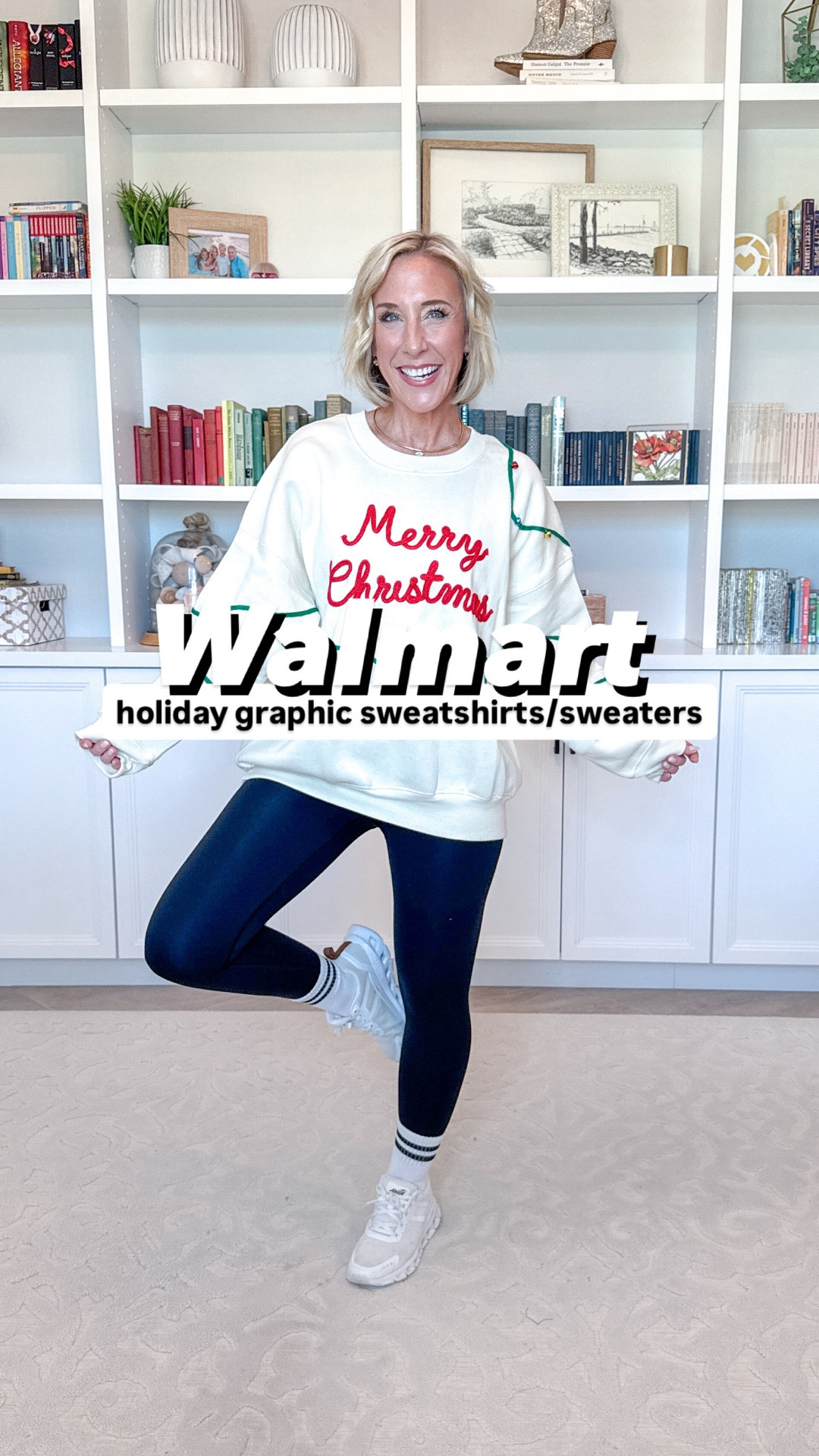 Walmart - holiday graphic sweatshirts/sweaters
* Navy Scoop Neck T-Shirt - size small.
* Green Bubble Midi Hem Skirt - size small.
1. ‘Merry Christmas’ Fleece Sweatshirt - size medium. 3 colors. $14.98.
* Black Leggings - size small.
* Light Runner Sneakers - tts. 4 colors. $27.
2. ‘Santa’s Cocktail Club’ Fleece Sweatshirt - size medium. 3 colors. $14.98.
3. ‘Jingle all the Way’ Fleece Sweatshirt - size small. 3 colors. $14.98.
* Bella Stretch Wide Leg Jeans - Size 25 - Inseam: 30. Color: Midnight Blue. $50.
* Red Sneakers - size up a half. 2 colors.
4. Christmas Bow Sweater - size small. 3 colors. $19.98.
5. ‘Merry’ Applique Sweater - size small. $23.98.