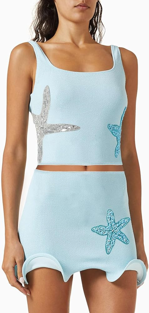 Women Two Piece Starfish Sequin Mini Skirt Set Y2k Sparkly Sea Star Tank Top Short Ruffle Knit Dr... | Amazon (US)