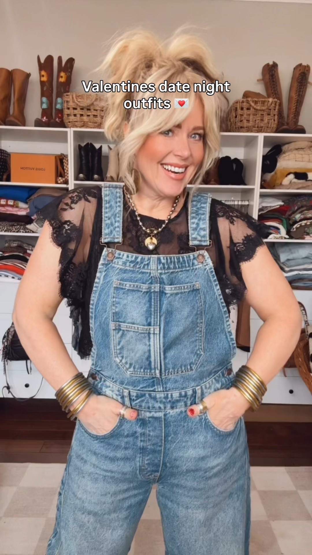 These are fun Valentines Looks! Definitely different ideas for whatever your plans. 
Overalls M
Lace top underneath M
Boots true to size 

Black mesh top M
Leopard top M
Jeans true to size 
Boots true to size 

Pink off shoulder sweatshirt M
Pink Pants M
Converse sized down 

Heart sweater M
Silk Lace asymmetrical top M
Jeans sized down 
Boots true to size 


#LTKValentine #LTKOver40