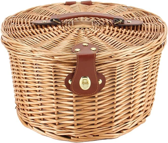 Wicker Picnic Basket for 2 Persons, Round Willow Hamper with Insulated Compartment for Camping We... | Amazon (US)