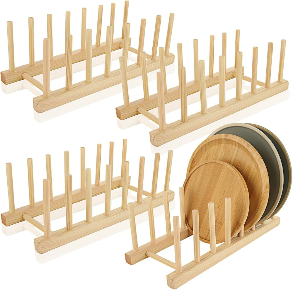 MUXHEL 4PCS Wooden Dish Rack, 7 Slots Bamboo Wooden Plate Rack for Cupboard, Plate Drainer Rack w... | Amazon (UK)