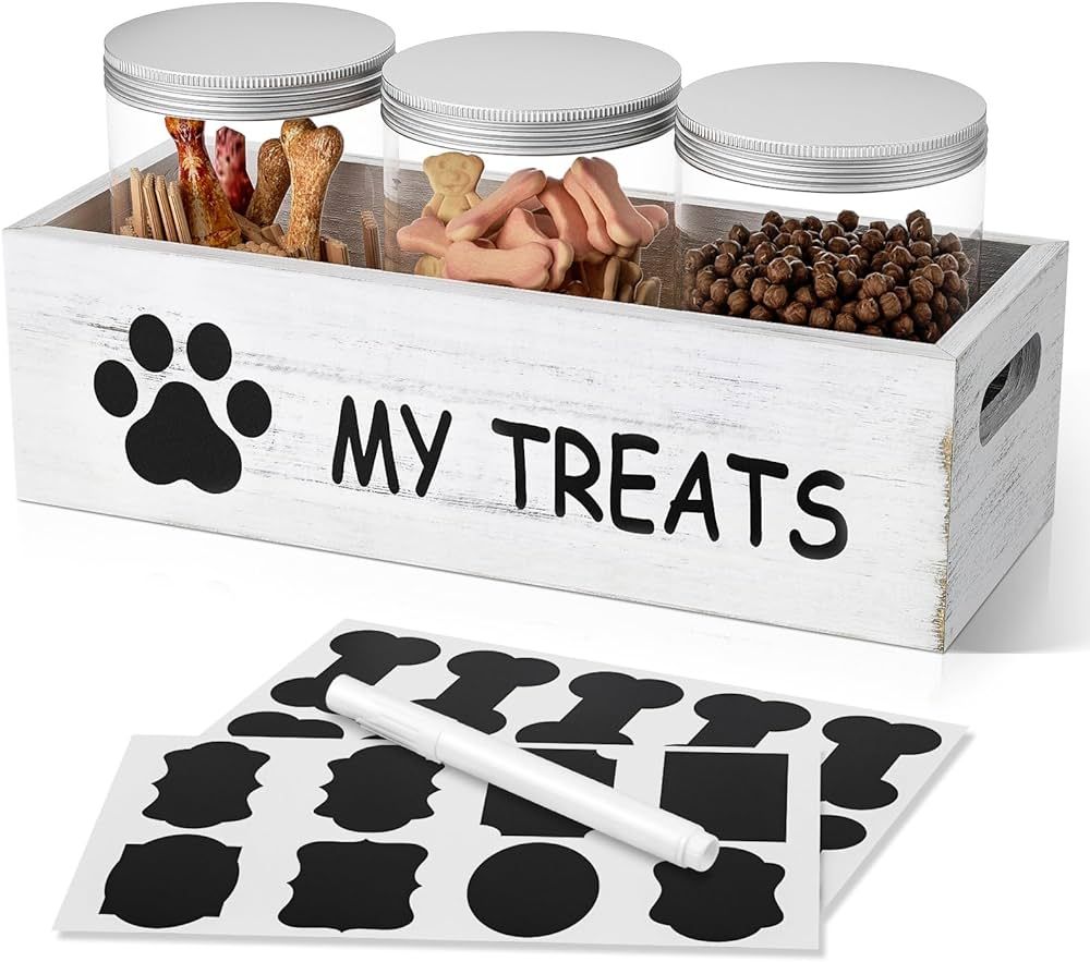 qeerable Dog Treat Container for Countertop - Dog Food Storage with 3 Jars - Pet Food Organizer F... | Amazon (US)