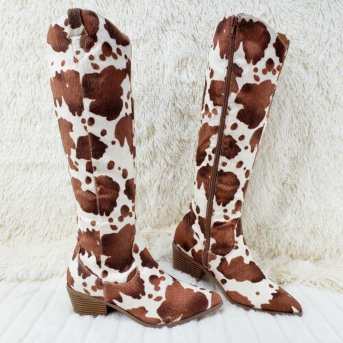 Cow Girl Brown Cow Faux Fur Western Knee High Boots 2" Heels 6-11   | eBay | eBay US