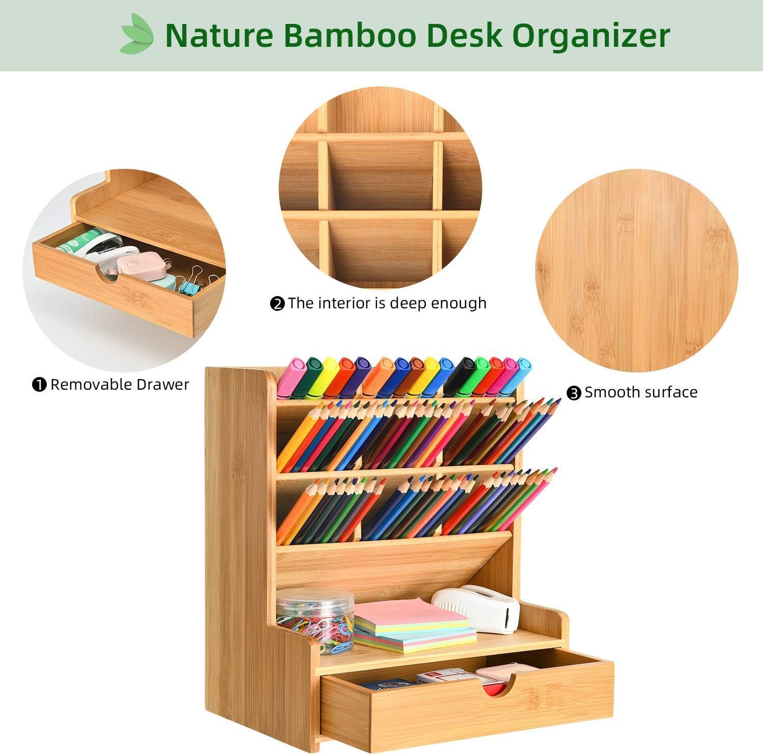 Marbrasse Bamboo Pen Organizer, Multi-Functional Pencil Organizer for Desk, Art Supply Organizer wit | Amazon (US)