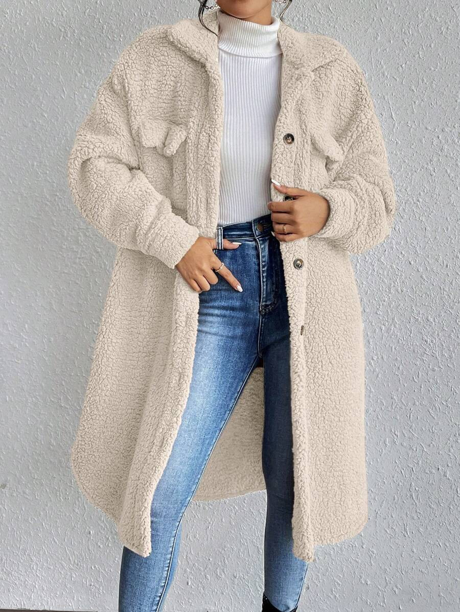 SHEIN Raffinéa Solid Color Mid-Length Fuzzy Collar Casual Coat, Autumn/Winter Clothes Thermal | SHEIN