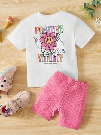 SHEIN Baby Cartoon & Slogan Graphic Tee & Honeycomb Textured Biker Shorts | SHEIN